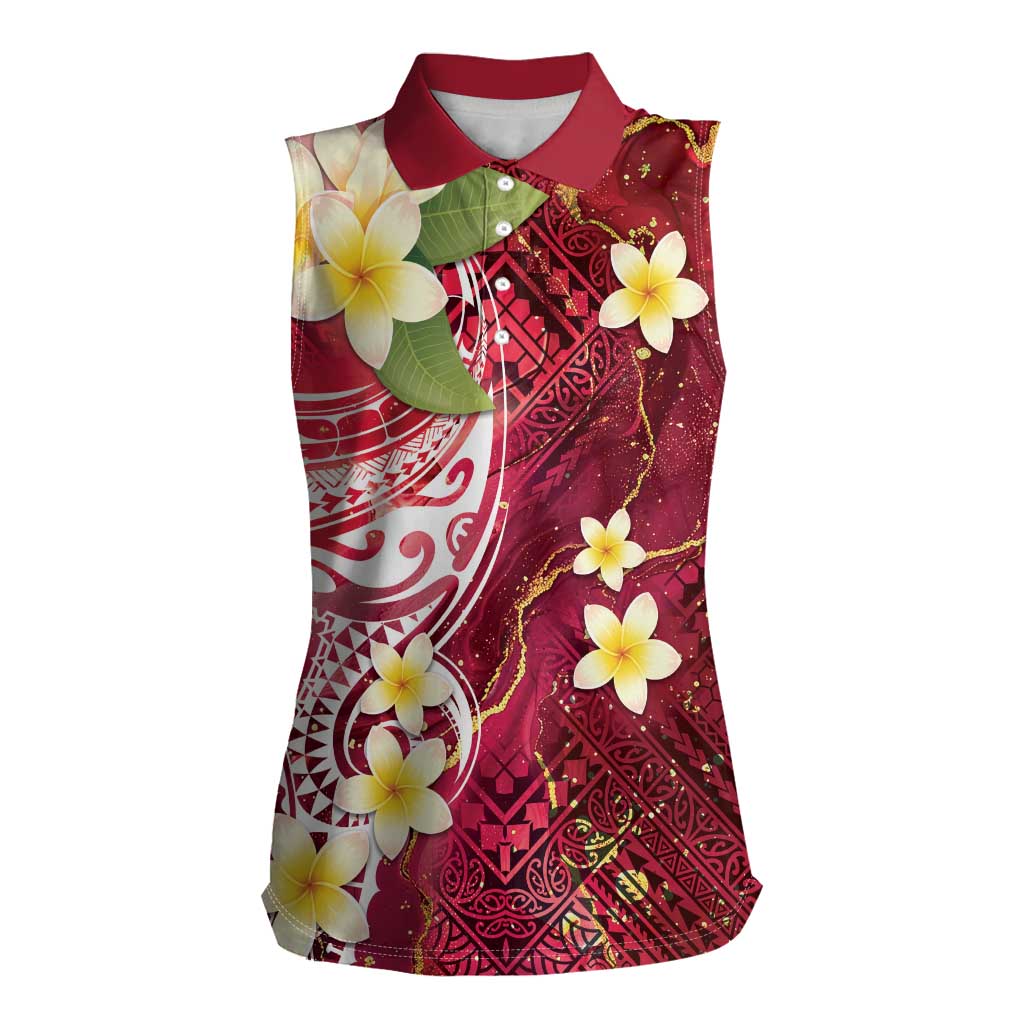 Polynesian Tribal Tattoo Women Sleeveless Polo Shirt Plumeria Blood Red and Gold Marble Pattern