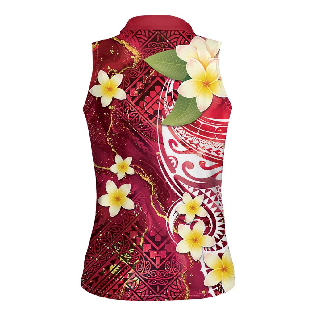 Polynesian Tribal Tattoo Women Sleeveless Polo Shirt Plumeria Blood Red and Gold Marble Pattern