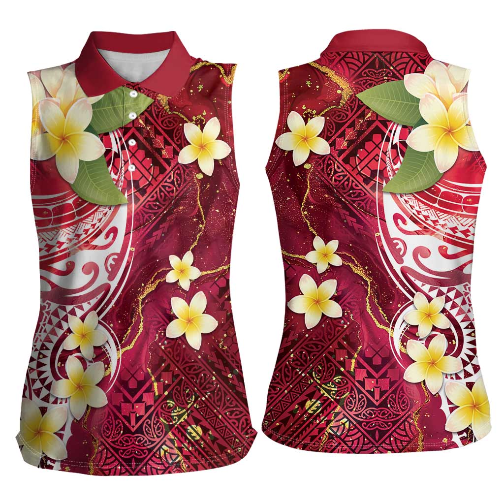 Polynesian Tribal Tattoo Women Sleeveless Polo Shirt Plumeria Blood Red and Gold Marble Pattern