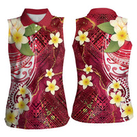 Polynesian Tribal Tattoo Women Sleeveless Polo Shirt Plumeria Blood Red and Gold Marble Pattern