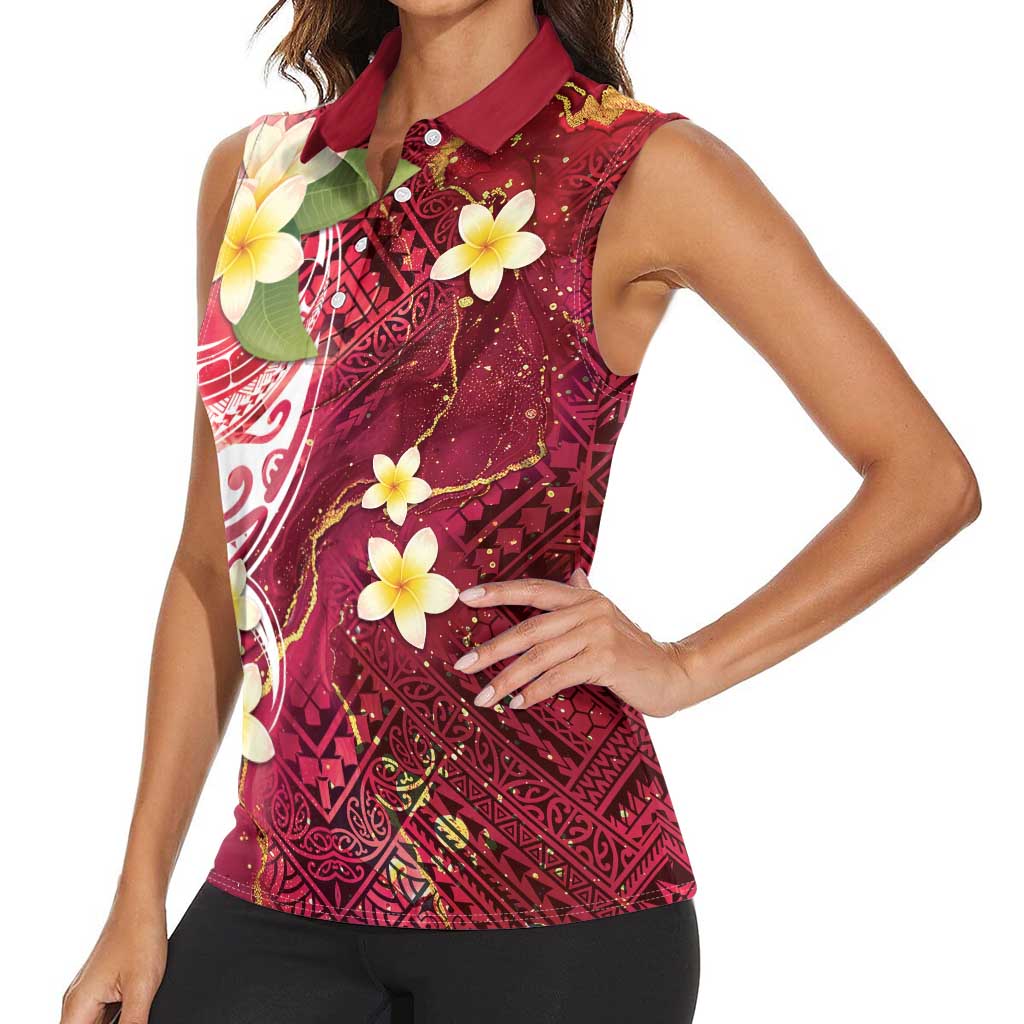 Polynesian Tribal Tattoo Women Sleeveless Polo Shirt Plumeria Blood Red and Gold Marble Pattern