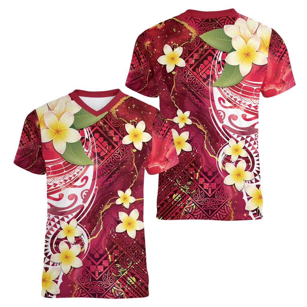 Polynesian Tribal Tattoo Women V-Neck T-Shirt Plumeria Blood Red and Gold Marble Pattern