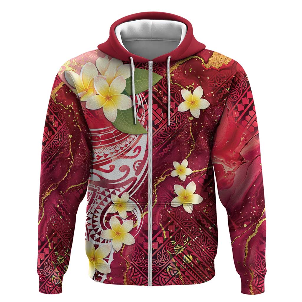 Polynesian Tribal Tattoo Zip Hoodie Plumeria Blood Red and Gold Marble Pattern LT9 Zip Hoodie Red - Polynesian Pride