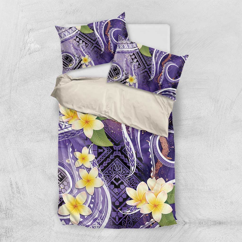 Polynesian Tribal Tattoo Bedding Set Plumeria Purple Marble Pattern