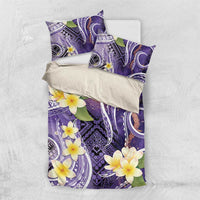 Polynesian Tribal Tattoo Bedding Set Plumeria Purple Marble Pattern
