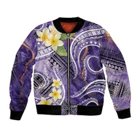 Polynesian Tribal Tattoo Bomber Jacket Plumeria Purple Marble Pattern