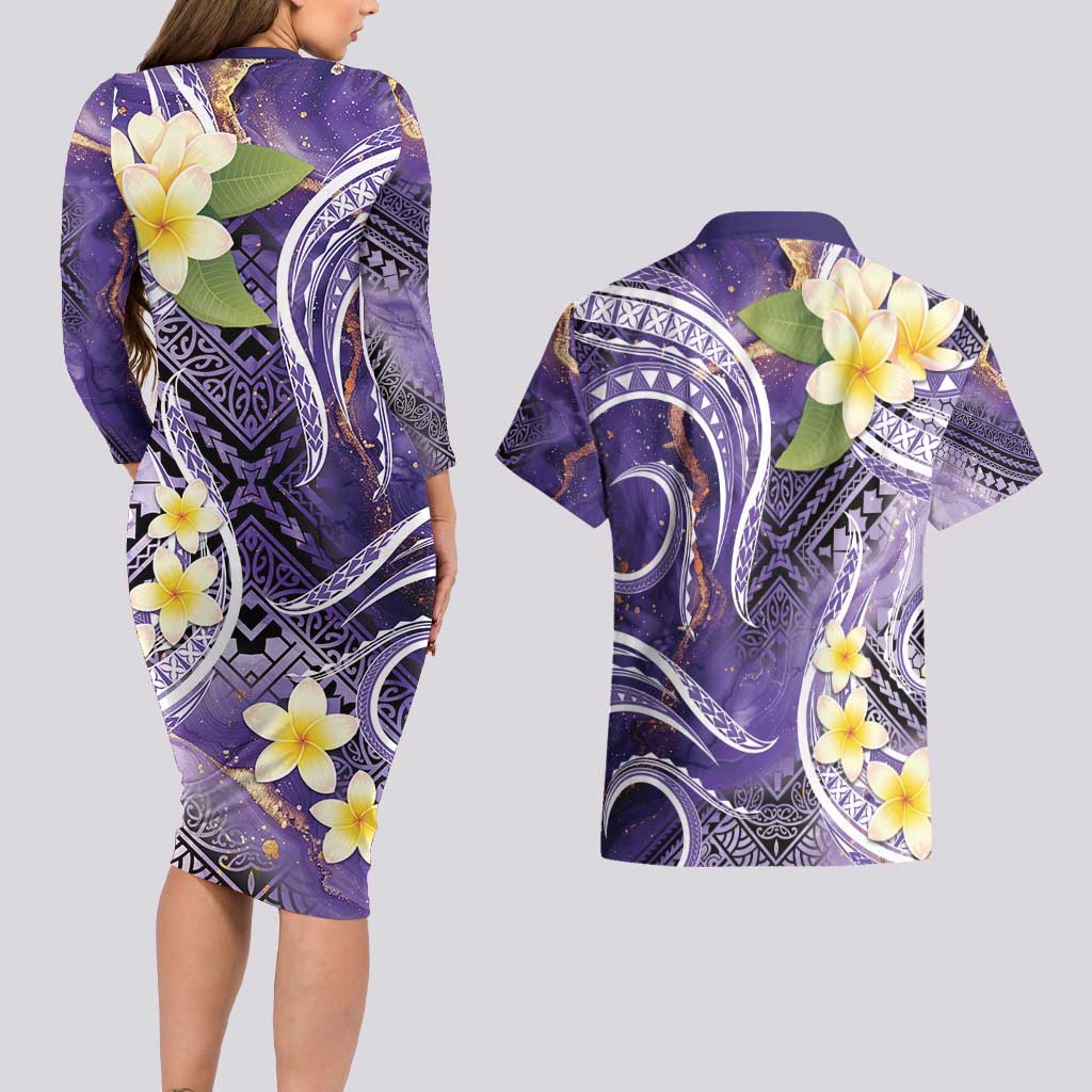 Polynesian Tribal Tattoo Couples Matching Long Sleeve Bodycon Dress and Hawaiian Shirt Plumeria Purple Marble Pattern