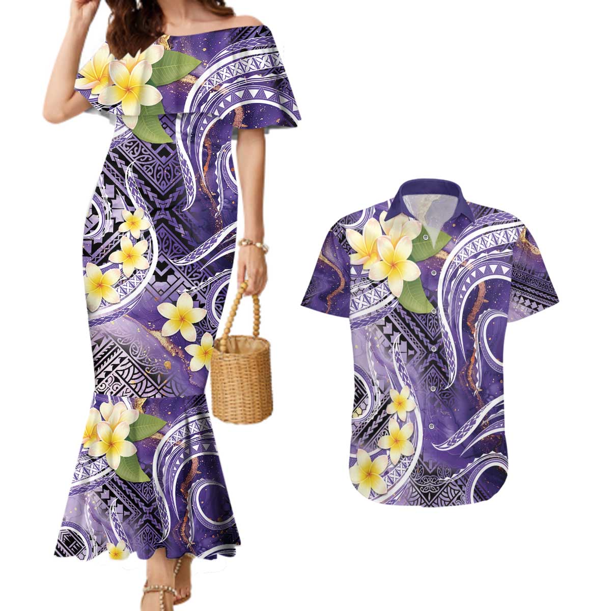 Polynesian Tribal Tattoo Couples Matching Mermaid Dress and Hawaiian Shirt Plumeria Purple Marble Pattern