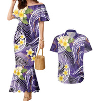 Polynesian Tribal Tattoo Couples Matching Mermaid Dress and Hawaiian Shirt Plumeria Purple Marble Pattern