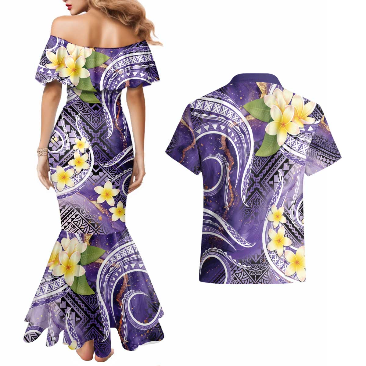 Polynesian Tribal Tattoo Couples Matching Mermaid Dress and Hawaiian Shirt Plumeria Purple Marble Pattern