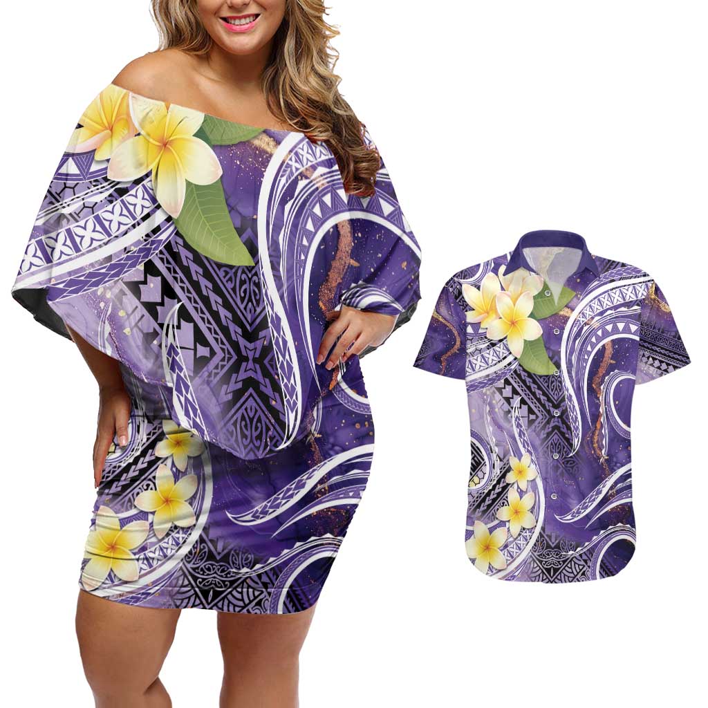Polynesian Tribal Tattoo Couples Matching Off Shoulder Short Dress and Hawaiian Shirt Plumeria Purple Marble Pattern