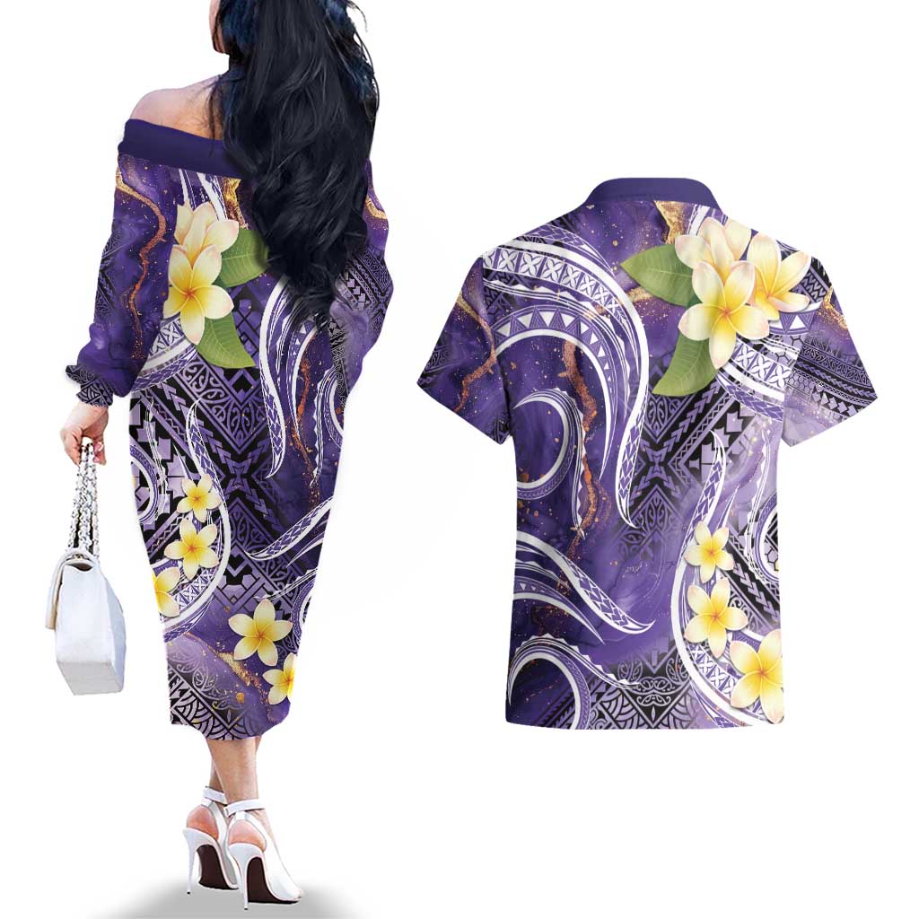 Polynesian Tribal Tattoo Couples Matching Off The Shoulder Long Sleeve Dress and Hawaiian Shirt Plumeria Purple Marble Pattern