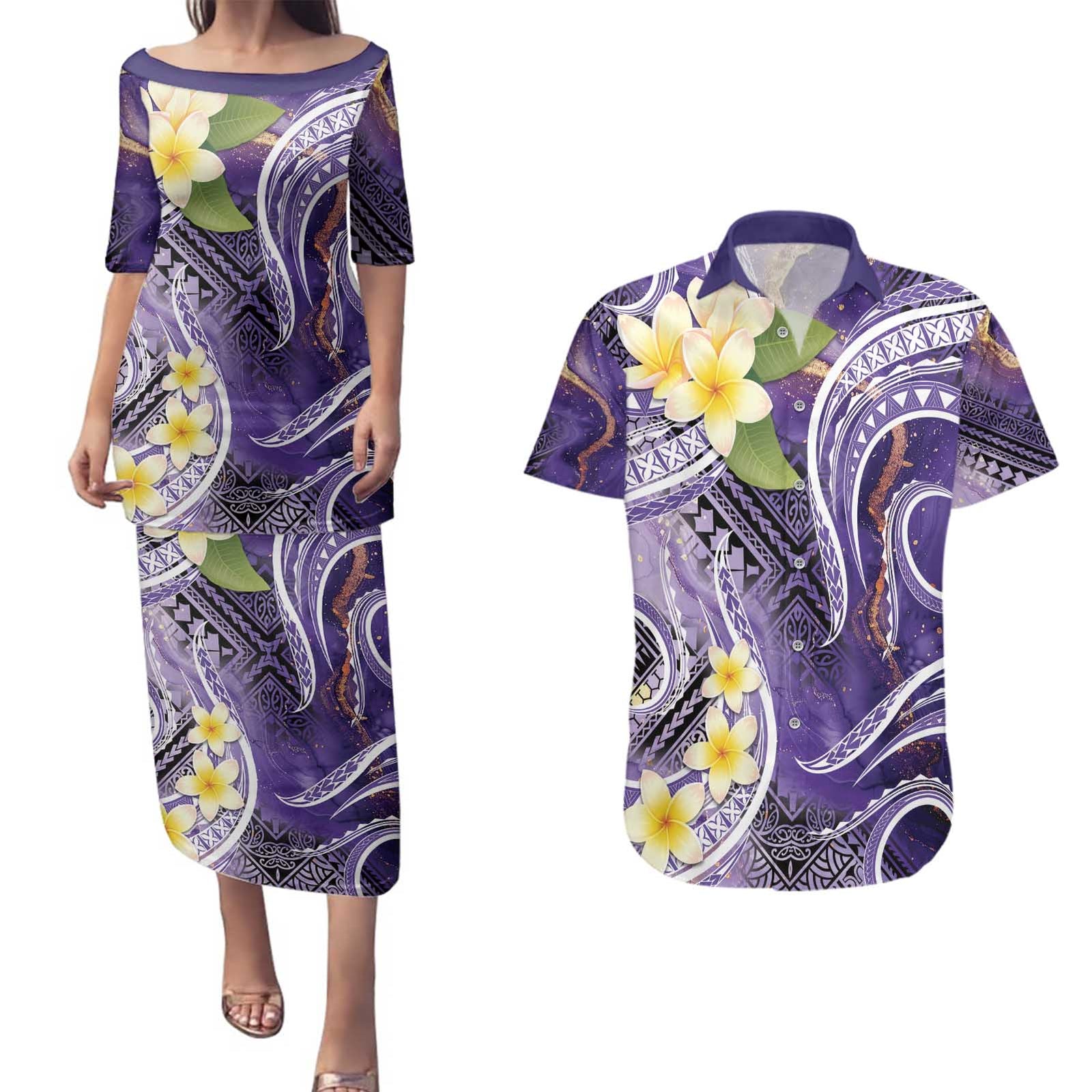 Polynesian Tribal Tattoo Couples Matching Puletasi and Hawaiian Shirt Plumeria Purple Marble Pattern
