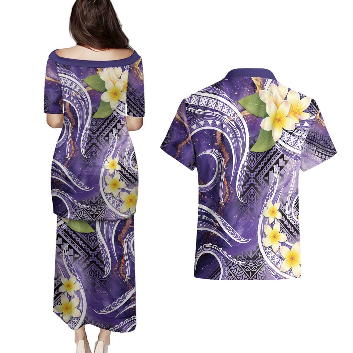 Polynesian Tribal Tattoo Couples Matching Puletasi and Hawaiian Shirt Plumeria Purple Marble Pattern