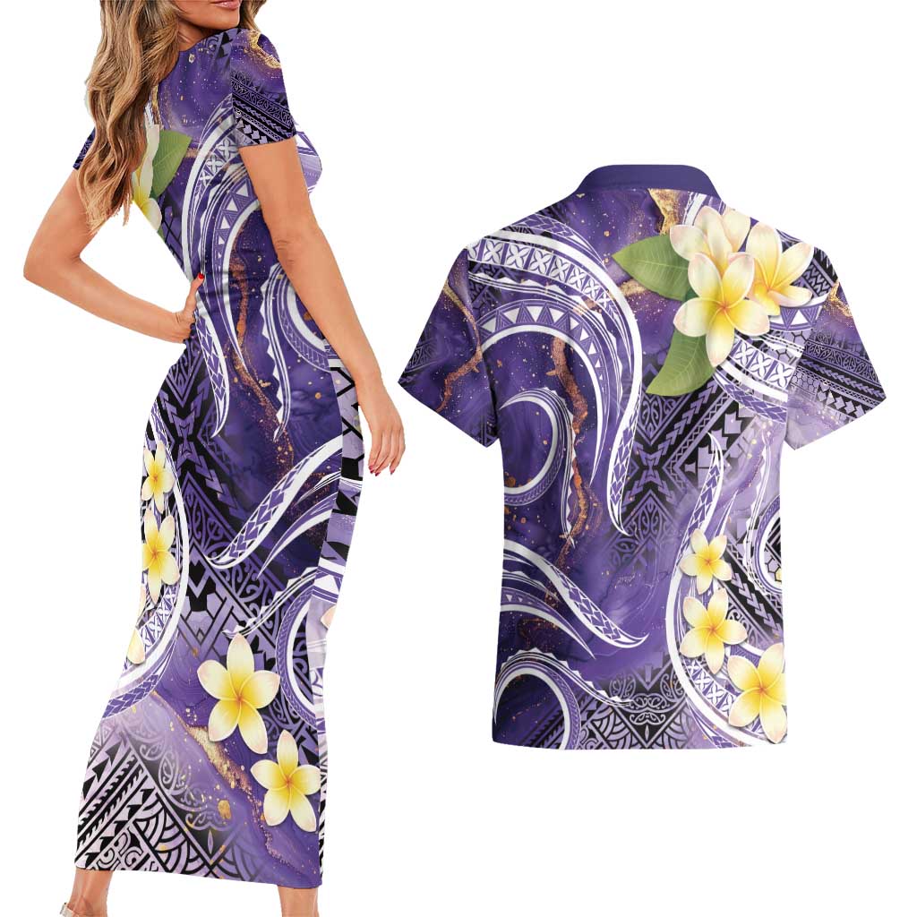 Polynesian Tribal Tattoo Couples Matching Short Sleeve Bodycon Dress and Hawaiian Shirt Plumeria Purple Marble Pattern