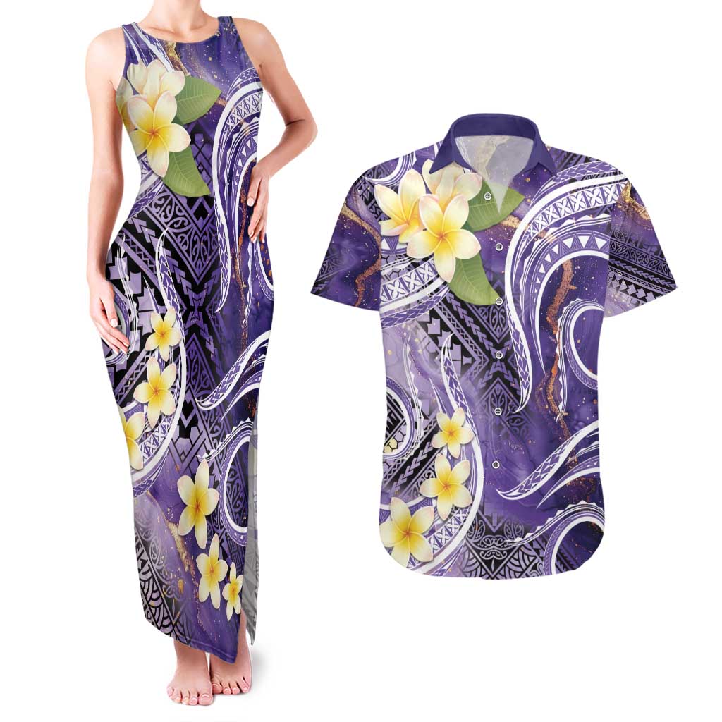 Polynesian Tribal Tattoo Couples Matching Tank Maxi Dress and Hawaiian Shirt Plumeria Purple Marble Pattern