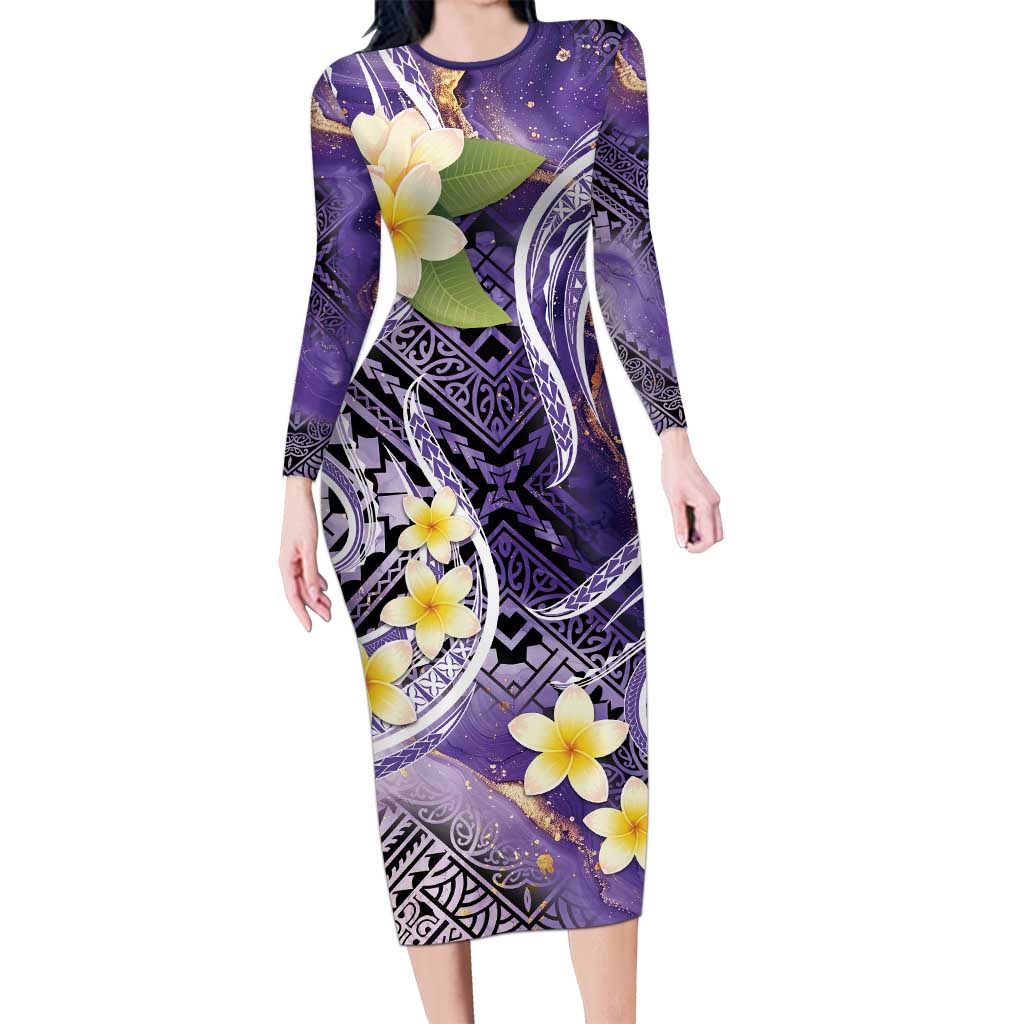 Polynesian Tribal Tattoo Family Matching Long Sleeve Bodycon Dress and Hawaiian Shirt Plumeria Purple Marble Pattern