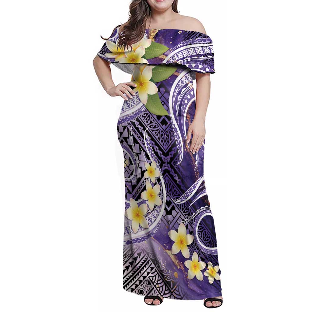 Polynesian Tribal Tattoo Family Matching Off Shoulder Maxi Dress and Hawaiian Shirt Plumeria Purple Marble Pattern