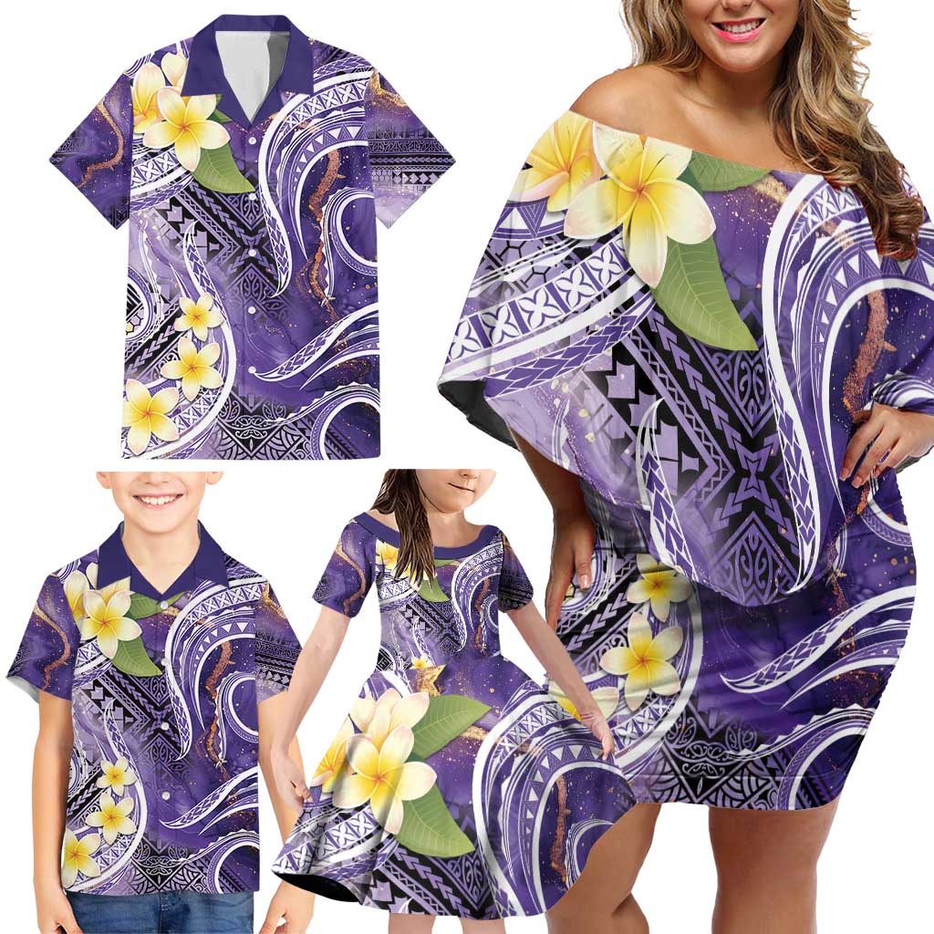 Polynesian Tribal Tattoo Family Matching Off Shoulder Short Dress and Hawaiian Shirt Plumeria Purple Marble Pattern