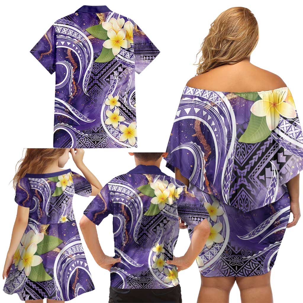 Polynesian Tribal Tattoo Family Matching Off Shoulder Short Dress and Hawaiian Shirt Plumeria Purple Marble Pattern