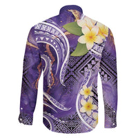 Polynesian Tribal Tattoo Family Matching Off Shoulder Short Dress and Hawaiian Shirt Plumeria Purple Marble Pattern