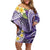 Polynesian Tribal Tattoo Family Matching Off Shoulder Short Dress and Hawaiian Shirt Plumeria Purple Marble Pattern