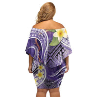 Polynesian Tribal Tattoo Family Matching Off Shoulder Short Dress and Hawaiian Shirt Plumeria Purple Marble Pattern