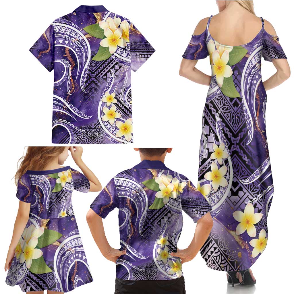 Polynesian Tribal Tattoo Family Matching Summer Maxi Dress and Hawaiian Shirt Plumeria Purple Marble Pattern