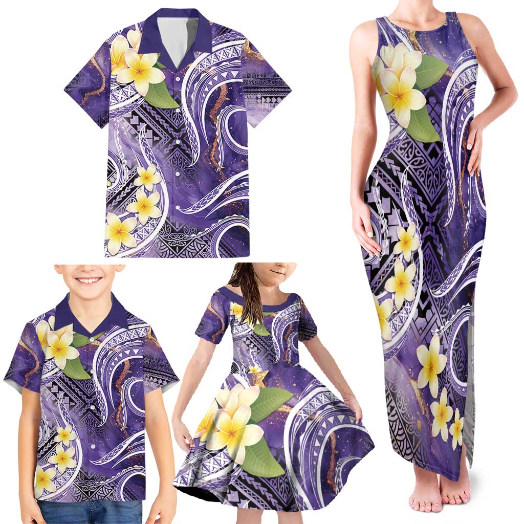 Polynesian Tribal Tattoo Family Matching Tank Maxi Dress and Hawaiian Shirt Plumeria Purple Marble Pattern