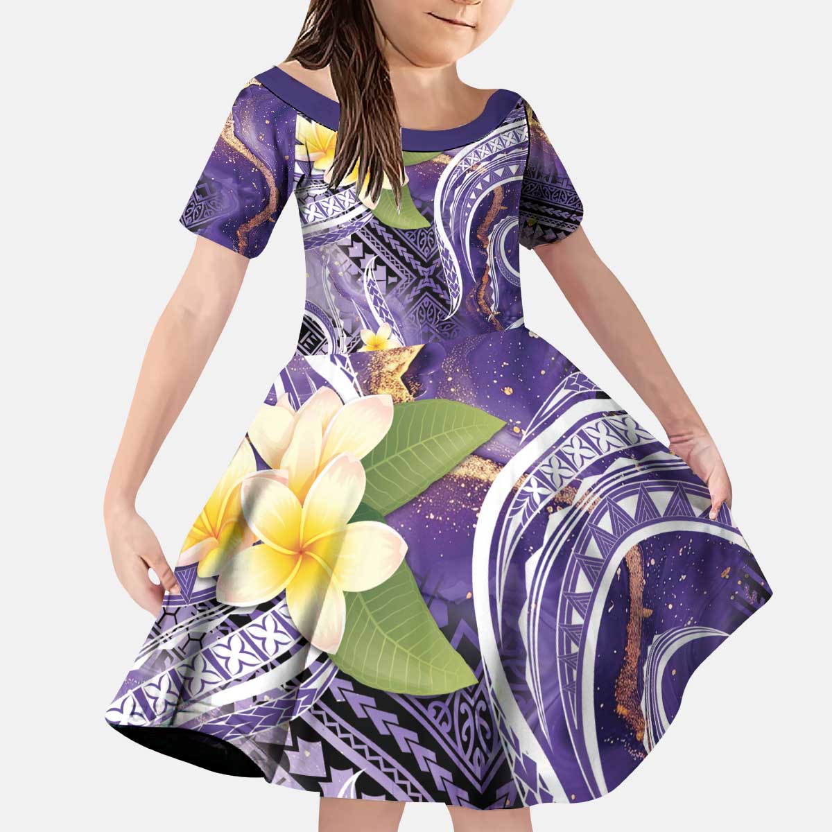 Polynesian Tribal Tattoo Kid Short Sleeve Dress Plumeria Purple Marble Pattern LT9 KID Purple - Polynesian Pride