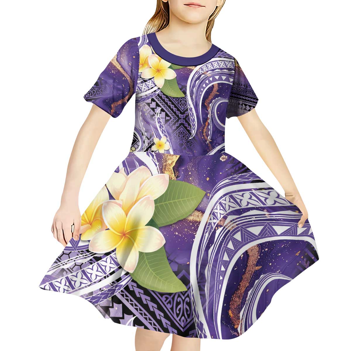 Polynesian Tribal Tattoo Kid Short Sleeve Dress Plumeria Purple Marble Pattern LT9 - Polynesian Pride