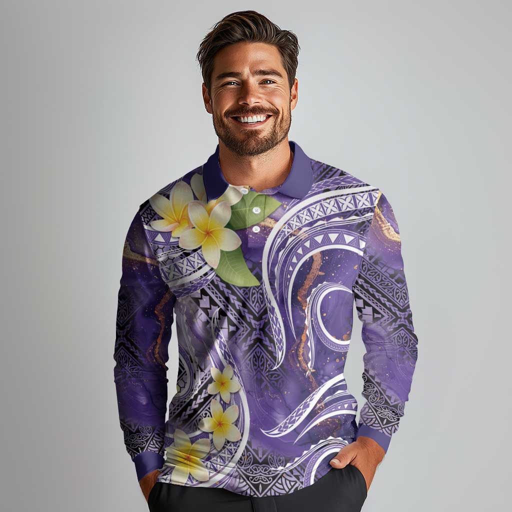 Polynesian Tribal Tattoo Long Sleeve Polo Shirt Plumeria Purple Marble Pattern