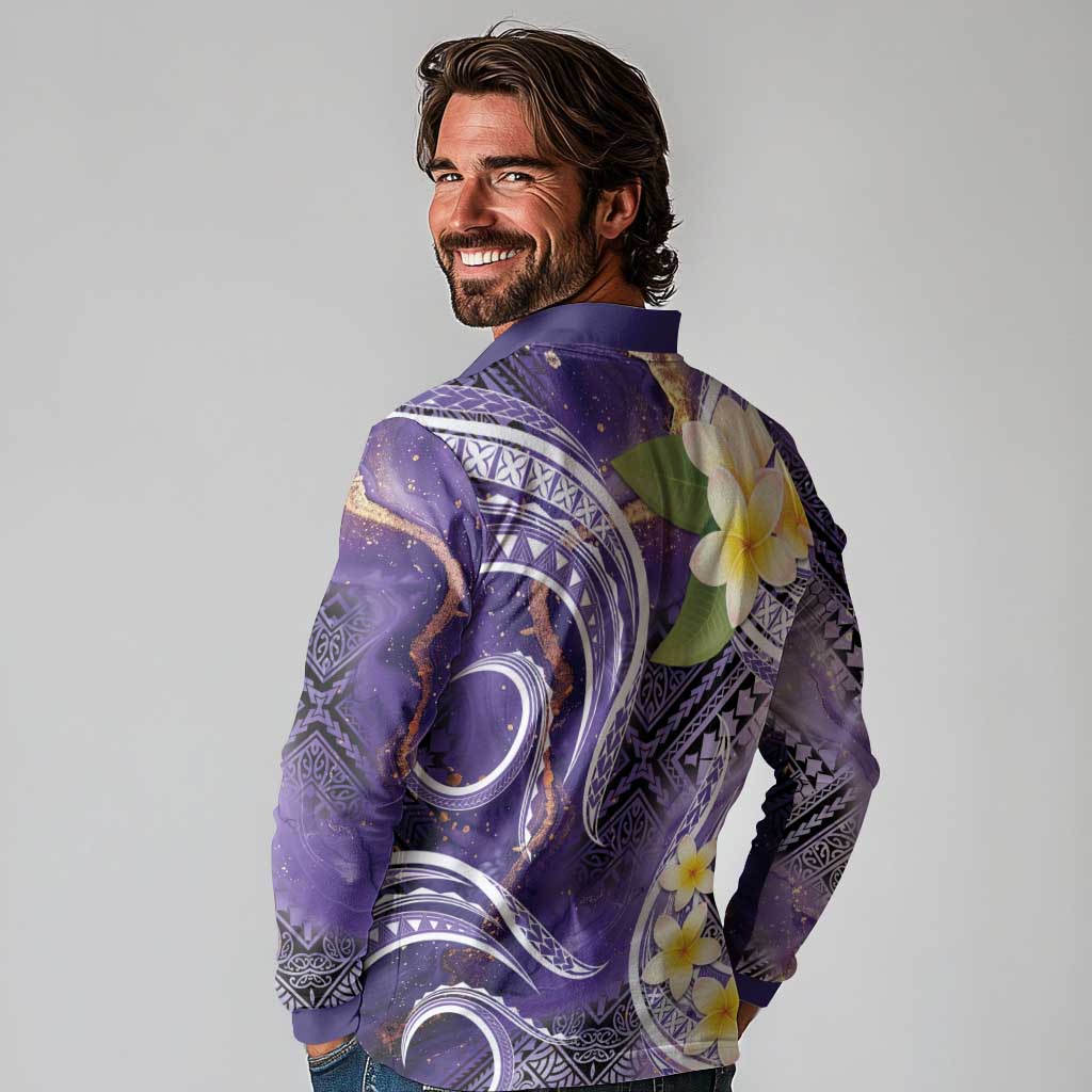 Polynesian Tribal Tattoo Long Sleeve Polo Shirt Plumeria Purple Marble Pattern