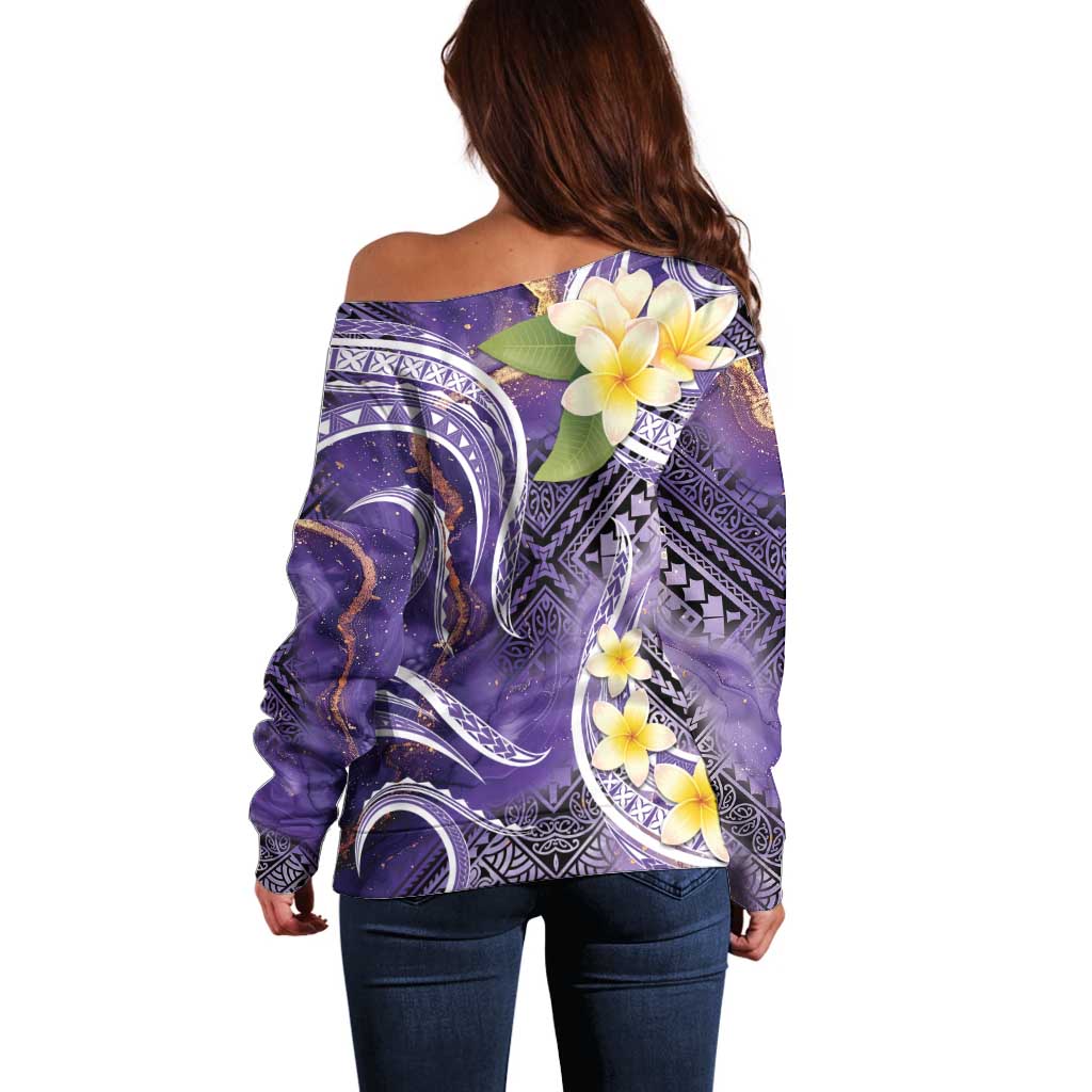 Polynesian Tribal Tattoo Off Shoulder Sweater Plumeria Purple Marble Pattern