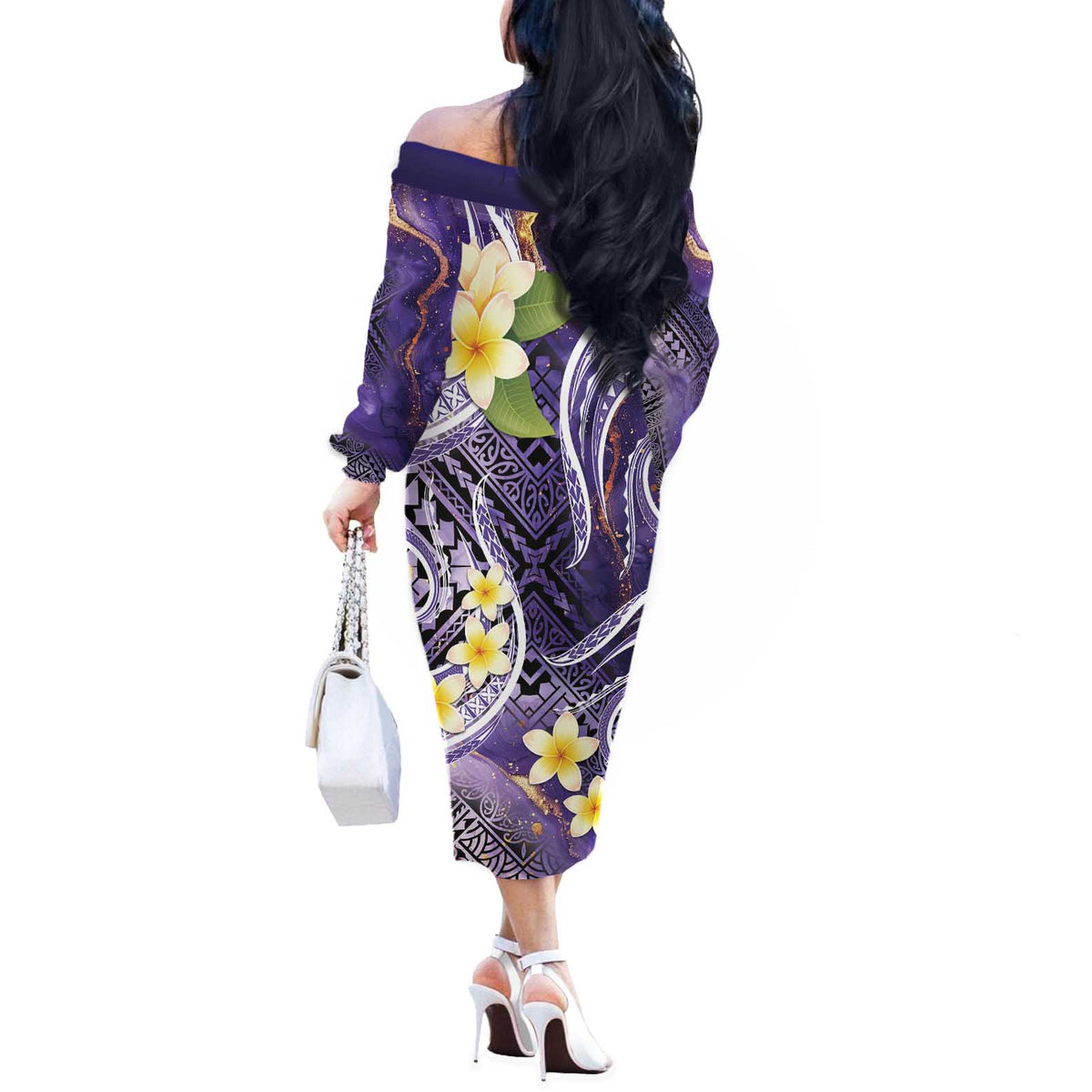 Polynesian Tribal Tattoo Off The Shoulder Long Sleeve Dress Plumeria Purple Marble Pattern
