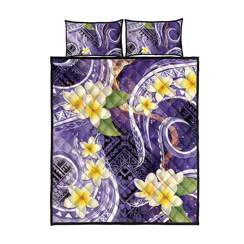 Polynesian Tribal Tattoo Quilt Bed Set Plumeria Purple Marble Pattern