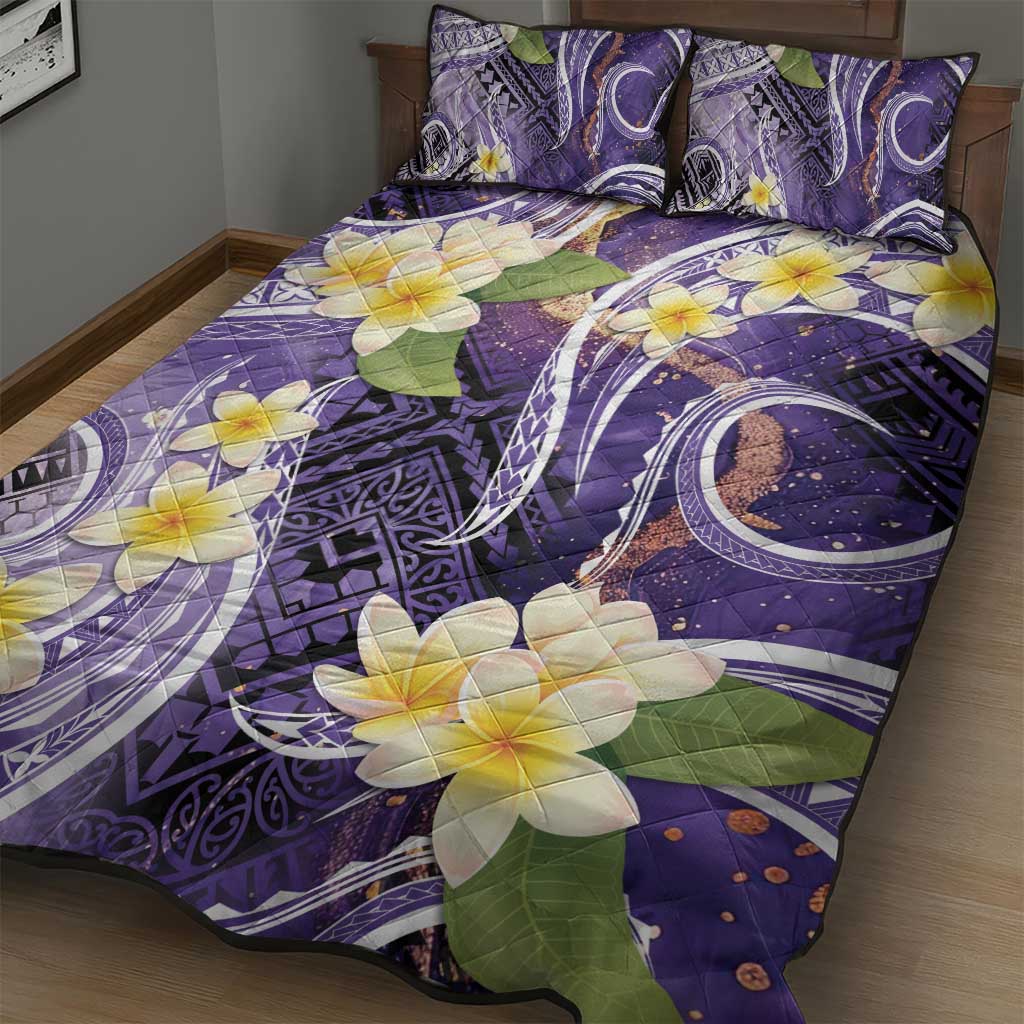 Polynesian Tribal Tattoo Quilt Bed Set Plumeria Purple Marble Pattern