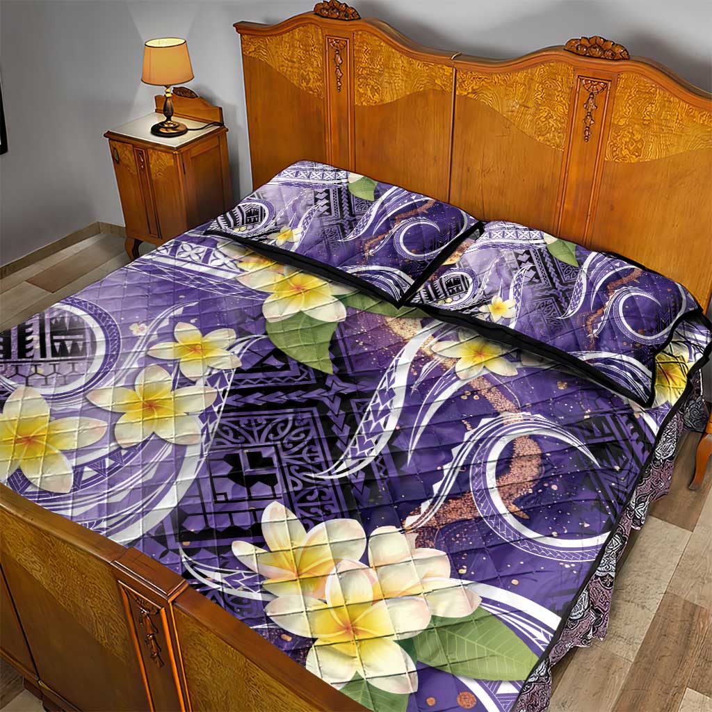 Polynesian Tribal Tattoo Quilt Bed Set Plumeria Purple Marble Pattern