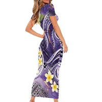 Polynesian Tribal Tattoo Short Sleeve Bodycon Dress Plumeria Purple Marble Pattern LT9 - Polynesian Pride