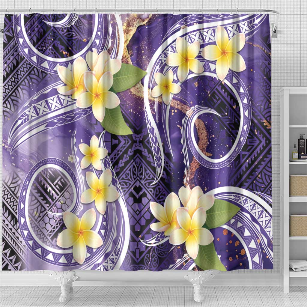 Polynesian Tribal Tattoo Shower Curtain Plumeria Purple Marble Pattern