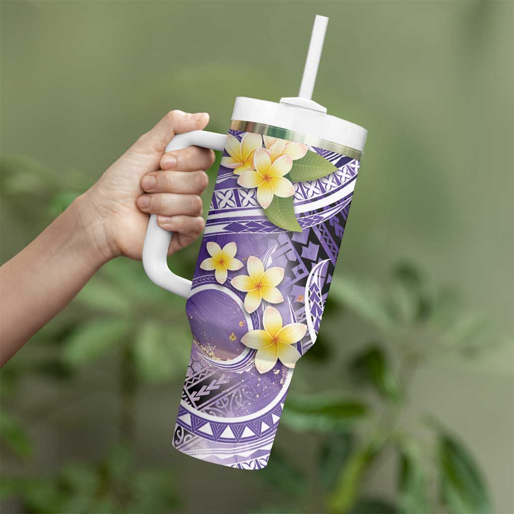 Polynesian Tribal Tattoo Tumbler With Handle Plumeria Purple Marble Pattern