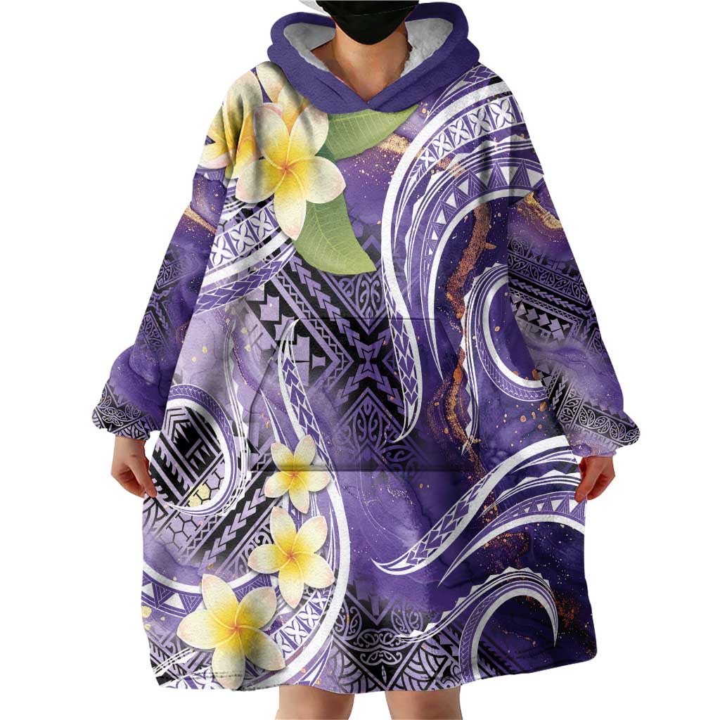 Polynesian Tribal Tattoo Wearable Blanket Hoodie Plumeria Purple Marble Pattern