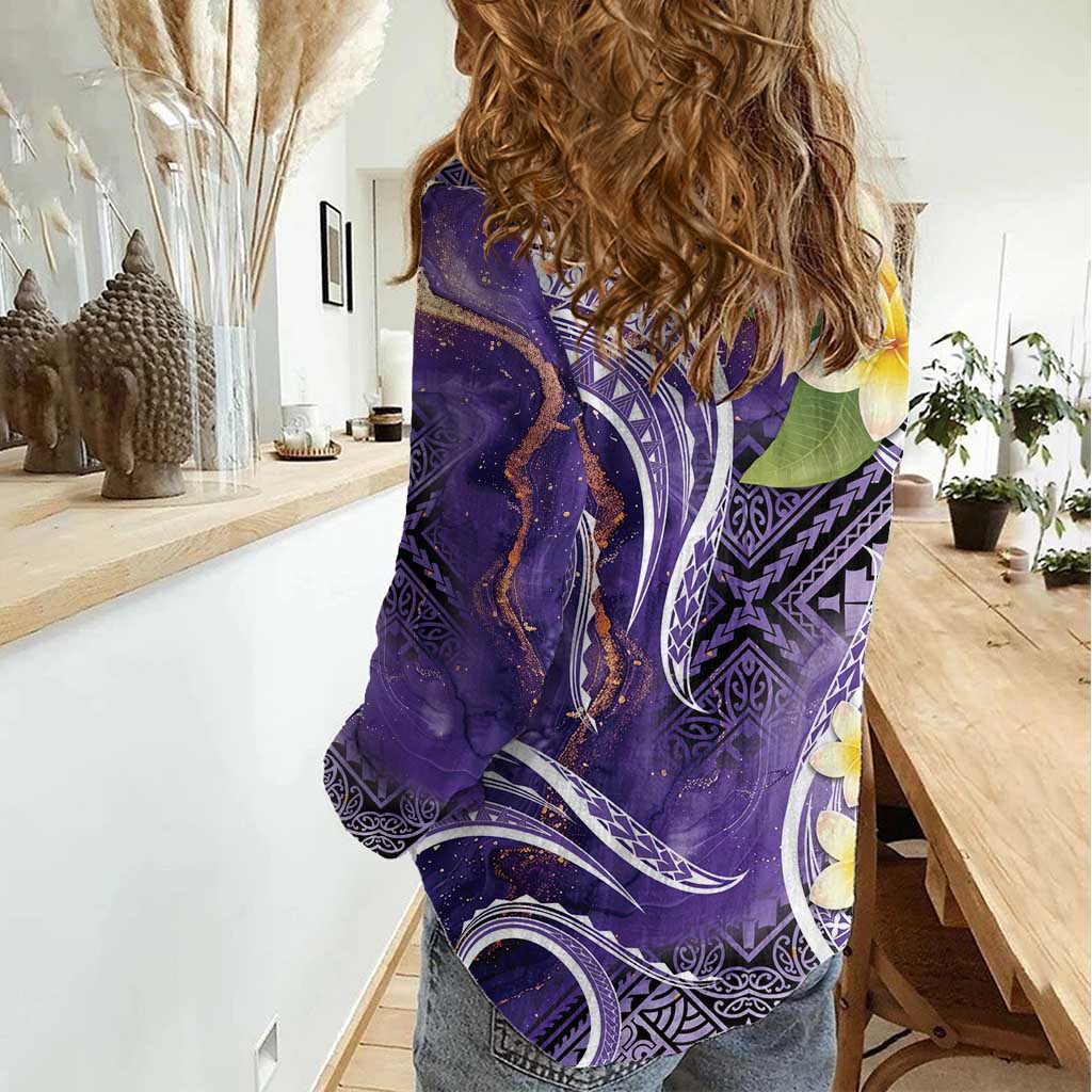 Polynesian Tribal Tattoo Women Casual Shirt Plumeria Purple Marble Pattern
