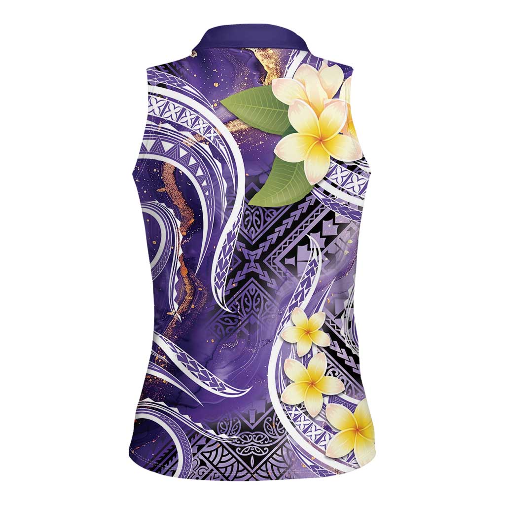 Polynesian Tribal Tattoo Women Sleeveless Polo Shirt Plumeria Purple Marble Pattern