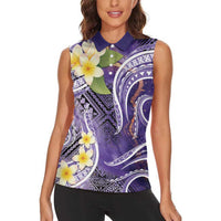 Polynesian Tribal Tattoo Women Sleeveless Polo Shirt Plumeria Purple Marble Pattern
