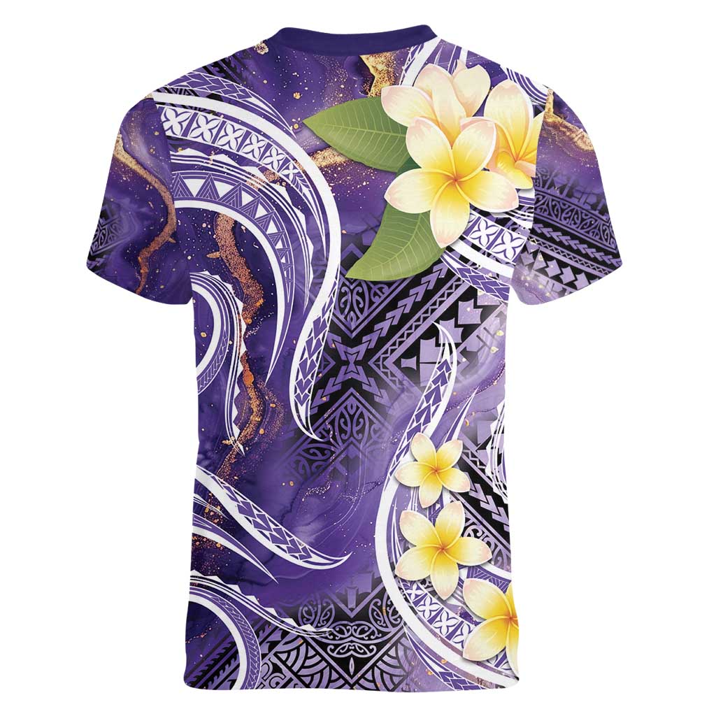 Polynesian Tribal Tattoo Women V-Neck T-Shirt Plumeria Purple Marble Pattern