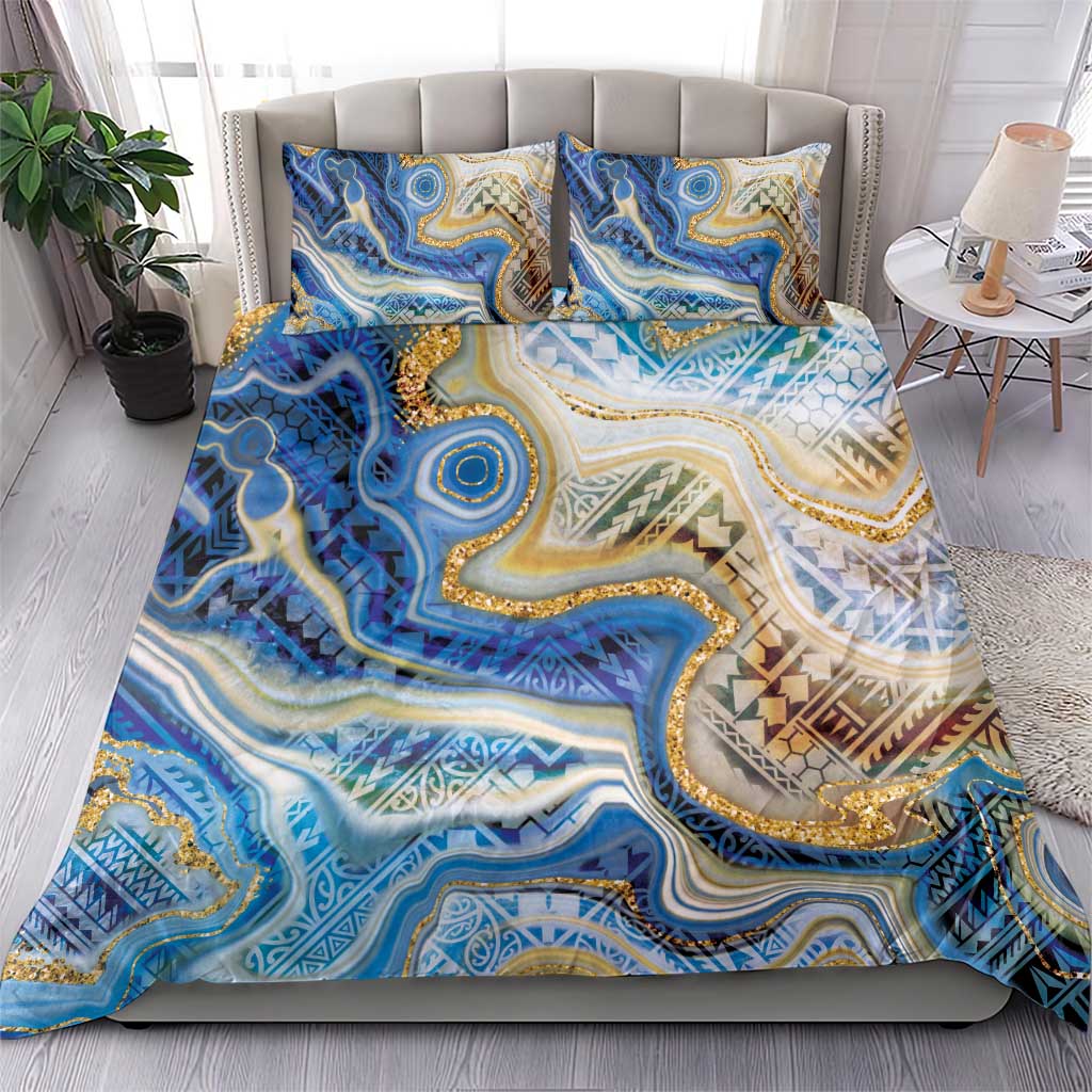 Polynesian Tribal Tattoo Bedding Set Swirling Ocean Marble Pattern