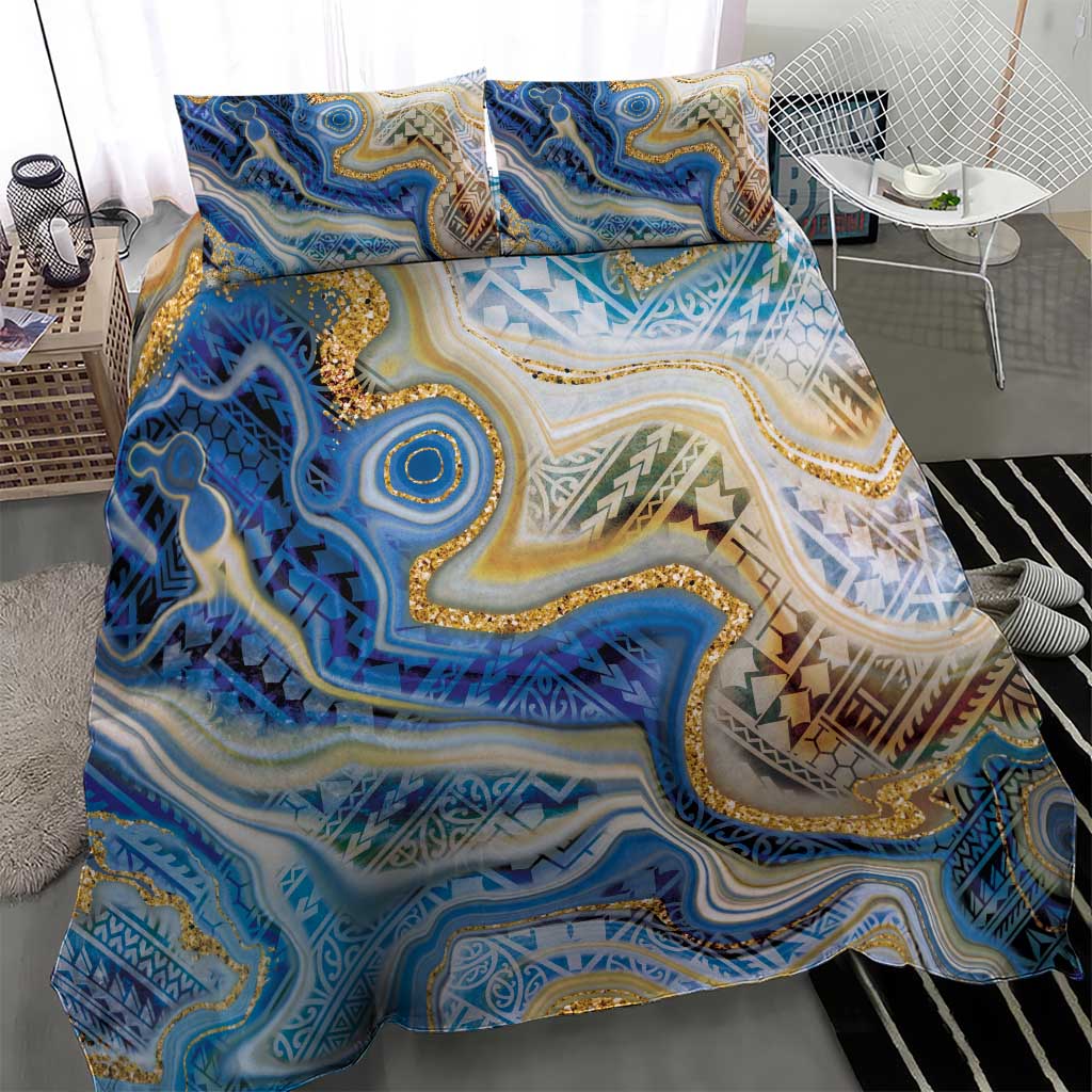 Polynesian Tribal Tattoo Bedding Set Swirling Ocean Marble Pattern
