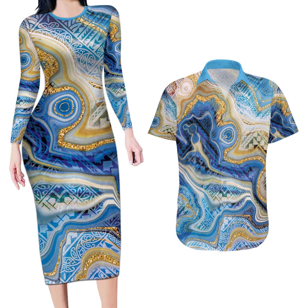 Polynesian Tribal Tattoo Couples Matching Long Sleeve Bodycon Dress and Hawaiian Shirt Swirling Ocean Marble Pattern