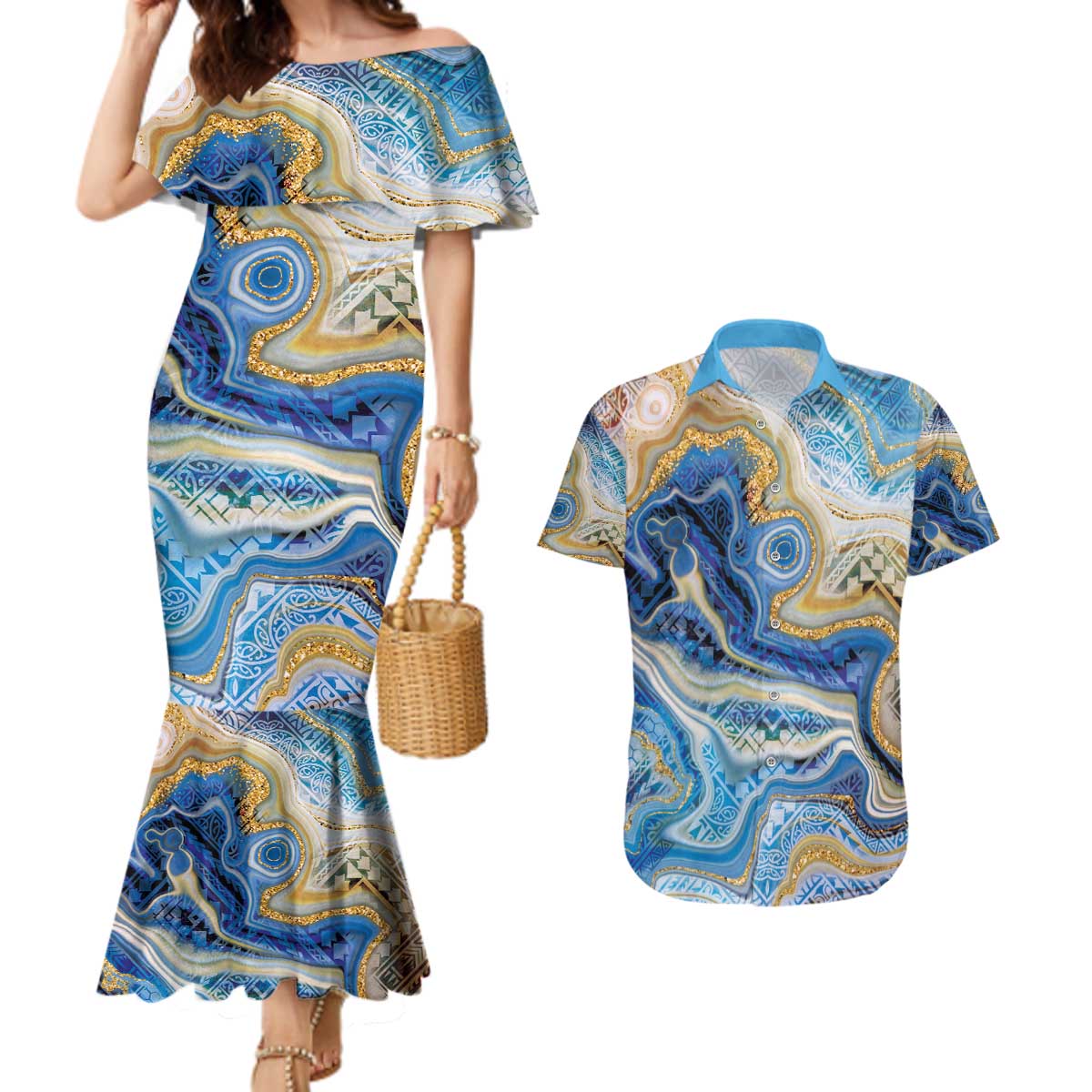 Polynesian Tribal Tattoo Couples Matching Mermaid Dress and Hawaiian Shirt Swirling Ocean Marble Pattern